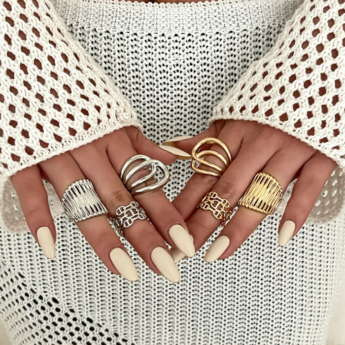 European and American Cross-Border Jewelry Internet Celebrity Style Hollow Striped Ring Set Personality Irregular Alloy Ring Multi-Layer