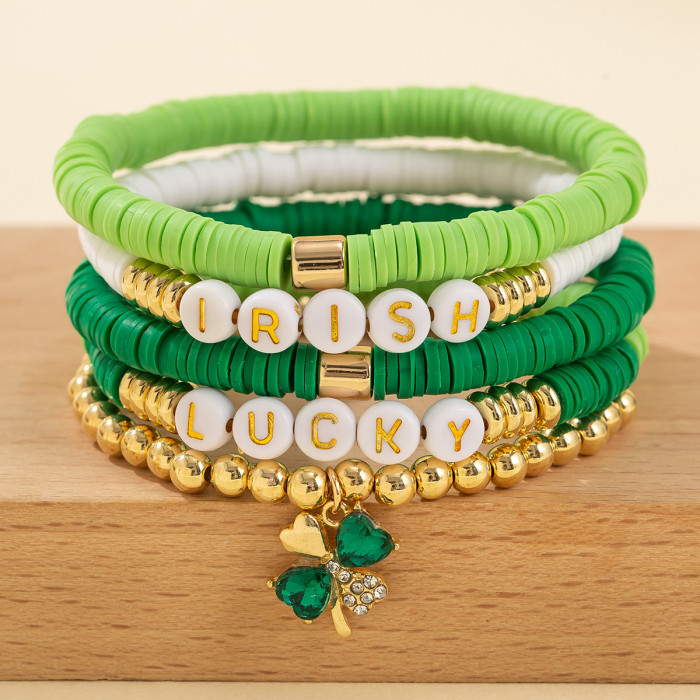 European and American Cross-Border Festival Gift Multi-Leaf Clover Letter Bracelet Simple Green Beaded Bracelet Beer Festival Accessories