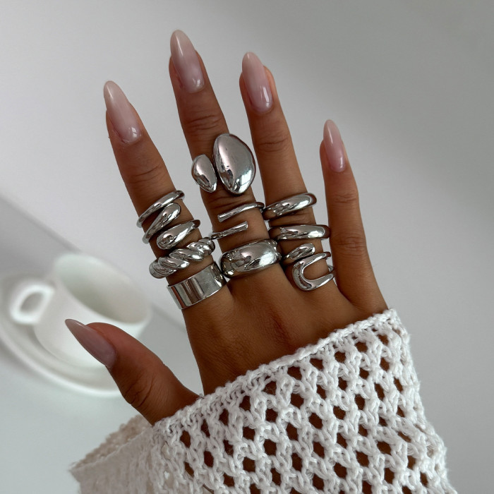 European and American Cross-Border Jewelry Niche Metallic Glossy Ring Set Exaggerated Irregular Geometric Open Ring