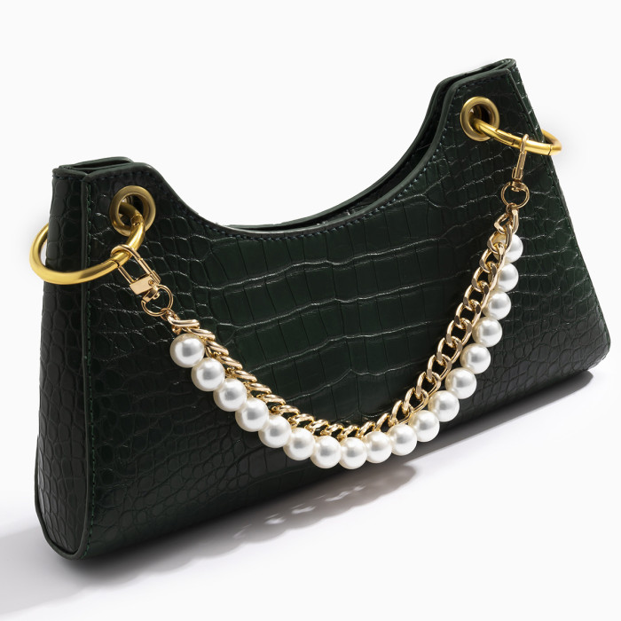 European and American Cross-Border Fashion Trendy Women's Aluminum Chain Handbag Beaded Shoulder Chain Retro Simple Pearl Alloy Buckle Bag Chain