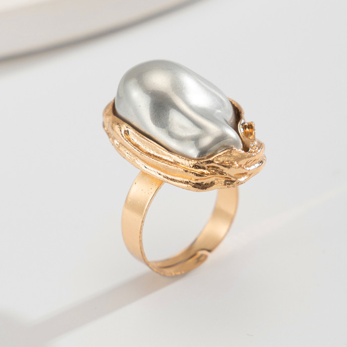Europe and America Cross Border Ornament Baroque Inlaid Shaped Pearl Ring Retro Irregular Alloy Rings New