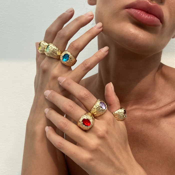 European and American Cross-Border Jewelry High-End Geometric Inlaid Gemstone Ring Set Personality Liquid Alloy Smooth Ring