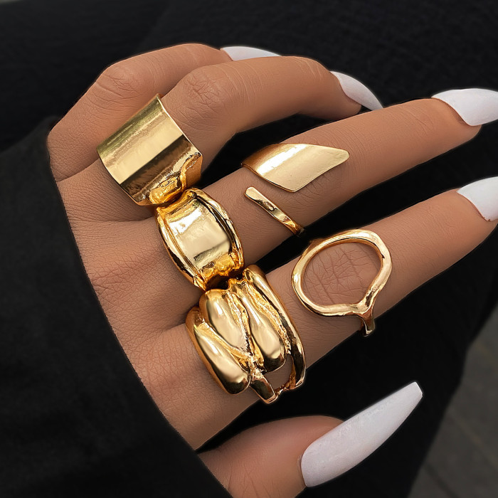 European and American Cross-Border Eco-Friendly Personality Exaggerated Gold Lava Line Irregular Water Drop Smooth Ring Set 15 Pieces