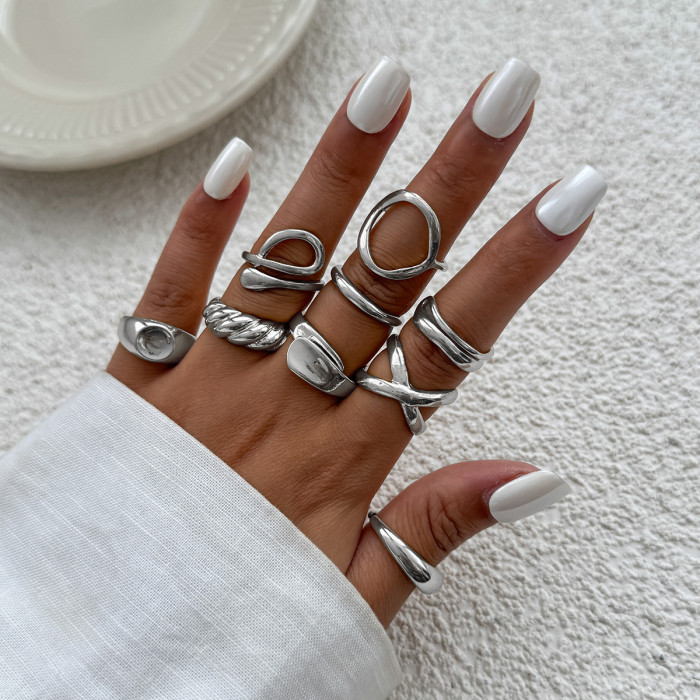 European and American Cross-Border Jewelry INS Style Metal Glossy Water Drop Ring Set Fashion Geometric Round Hollow Ring