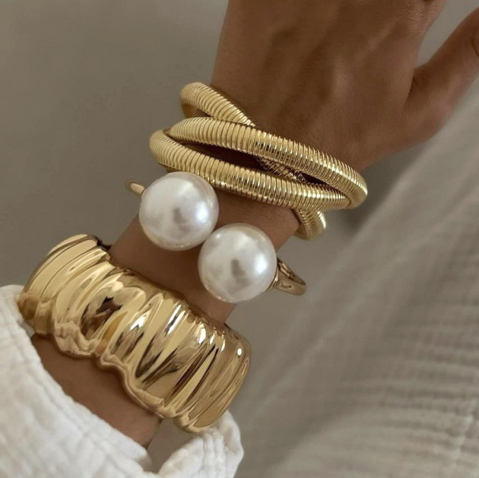 Jewelry INS Irregular Pleated Alloy Bracelet Water Drop Cross Pearl Bracelet Set