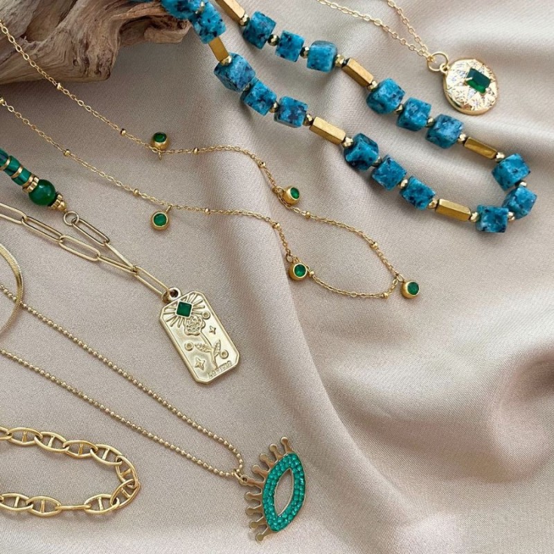 European and American Style Layered Design Natural Stone Beaded Necklace Mint Manbo Spring Summer Versatile Elegant Trendy Jewelry Wholesale