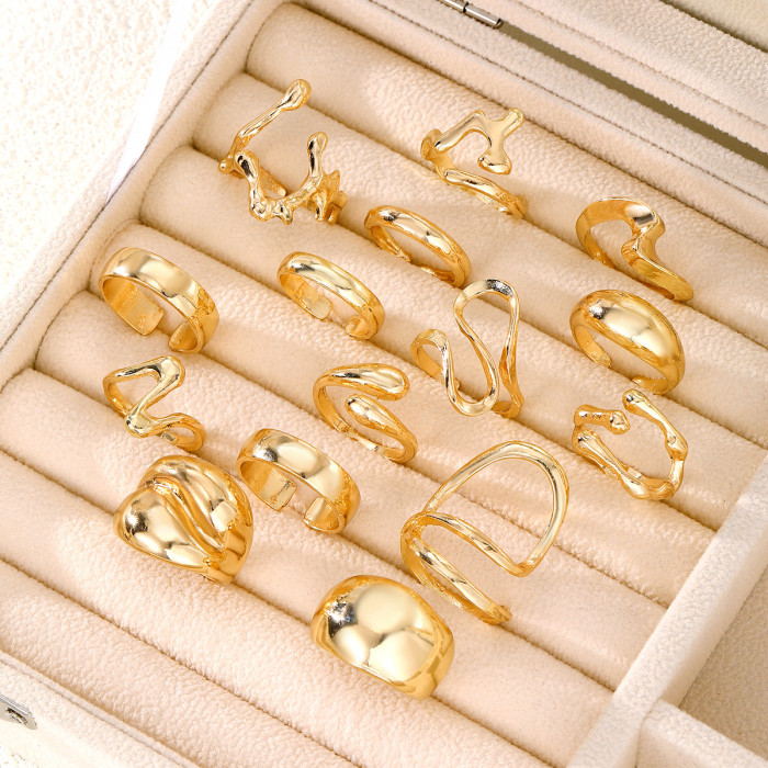 European and American Cross-Border Eco-Friendly Personality Exaggerated Gold Lava Line Irregular Water Drop Smooth Ring Set 15 Pieces