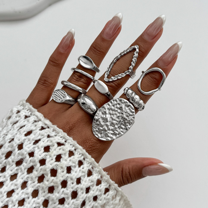 European and American Cross-Border Jewelry INS Style Metal Glossy Water Drop Ring Set Fashion Geometric Round Hollow Ring