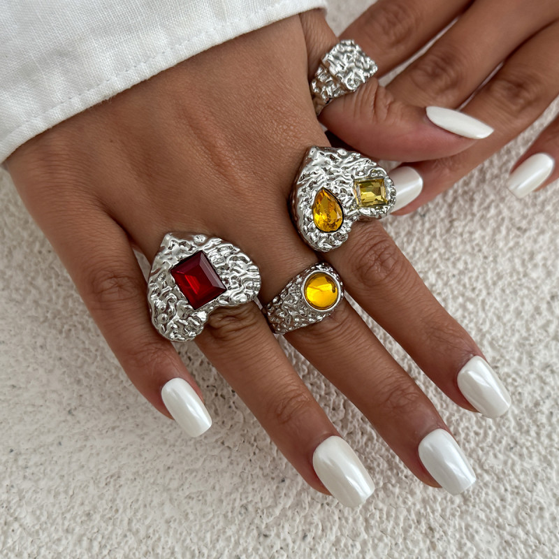 European and American Cross-Border Jewelry INS Style Metal Lava Heart Wrinkle Ring Design Sense Square Diamond Inlaid Knuckle Ring