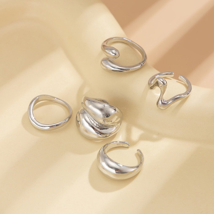 European and American Cross-Border Sweet Cool Ins Style Geometric Baroque Pearl Ring Set Personality Liquid Metal Smooth Ring