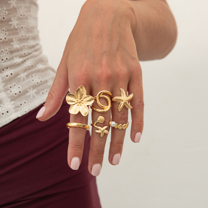 European and American Cross-Border Jewelry Vacation Style Irregular Open Ring Starfish Pearl Alloy Ring Set