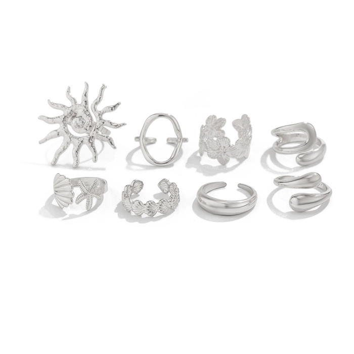 European and American Cross-Border Jewelry Vacation Style Starfish Scallop Open Ring Ins Alloy Flower Ring Set Glossy