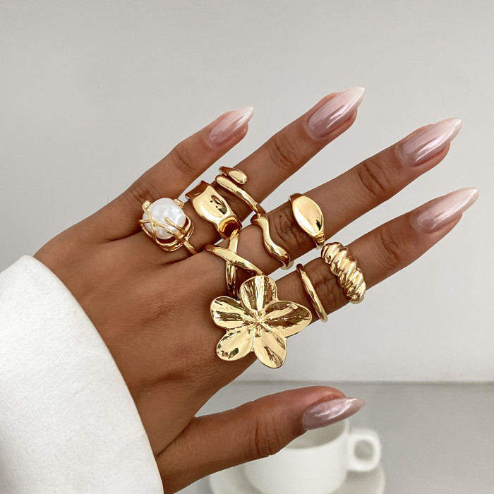 European and American Cross-Border Jewelry INS Style Pearl Hollow Irregular Ring Vintage Inlaid Alloy Flower Joint Ring