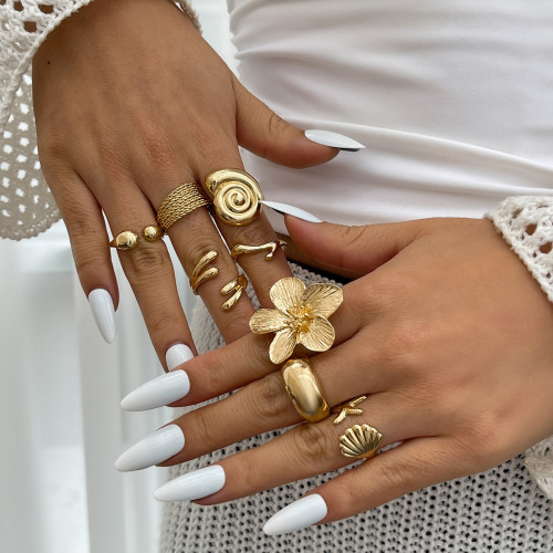 European and American Cross-Border Jewelry Vacation Style Starfish Scallop Open Ring Ins Alloy Flower Ring Set Glossy