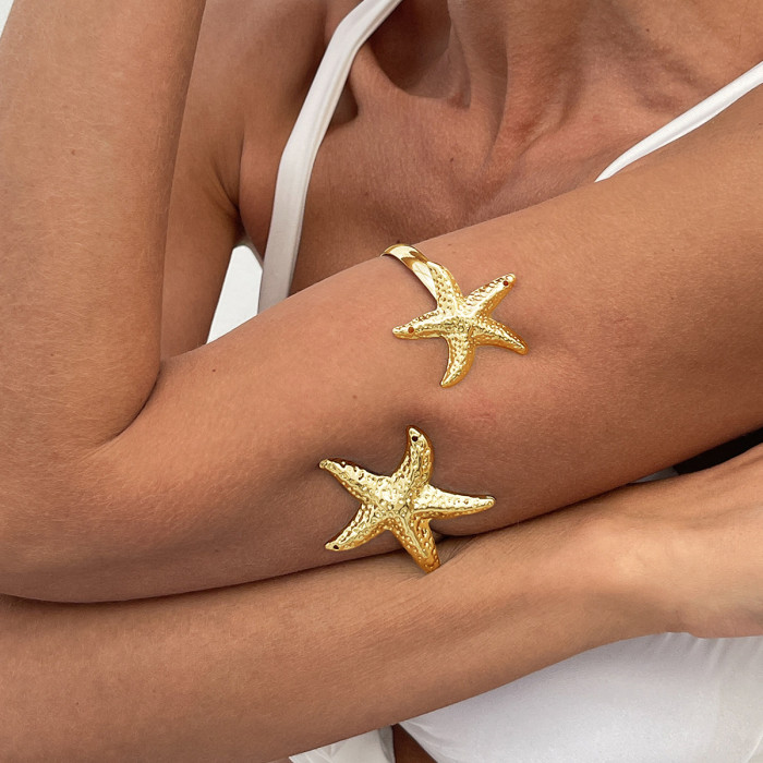 European and American Cross-Border Jewelry Beach Metallic Starfish Open Arm Bracelet Personality Flower Adjustable Arm Ring Set