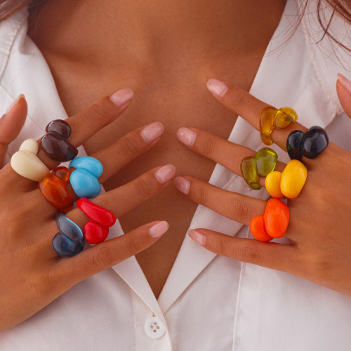 European and American Cross-Border Jewelry Irregular Double Water Drop Plastic Ring Fashion Geometric Multi-Color Closed Ring