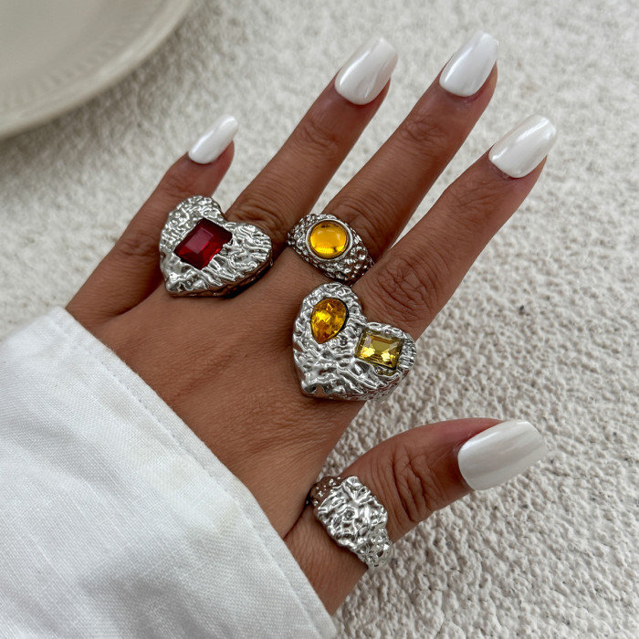 European and American Cross-Border Jewelry INS Style Metal Lava Heart Wrinkle Ring Design Sense Square Diamond Inlaid Knuckle Ring