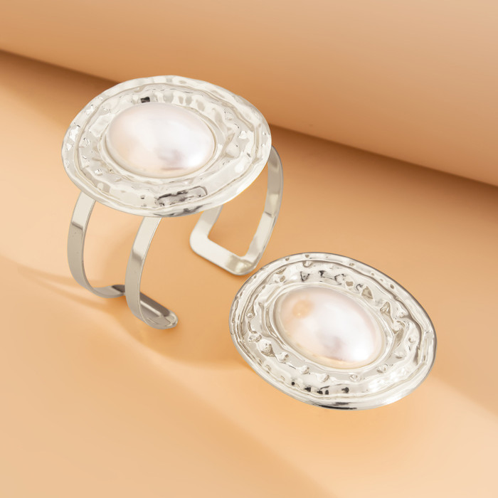 European and American Cross-Border Jewelry Fashion Metallic Oval Bracelet Set Light Luxury Style Inlaid Pearl Bracelet