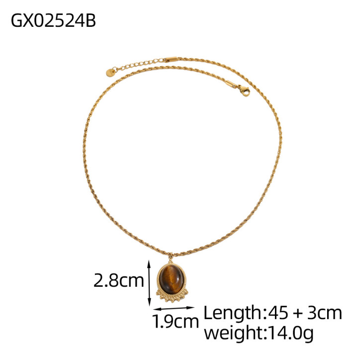 Vintage Tiger Eye Necklace Collarbone Chain Simple Personality Round Bead Natural Stone Stainless Steel Necklace Jewe...