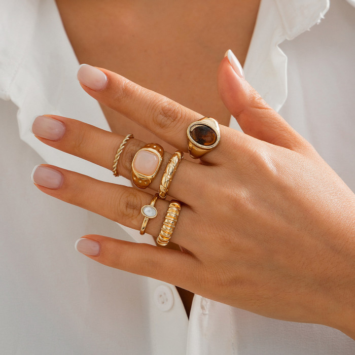 European and American Cross-Border Jewelry Minimalist Style Inlaid Gemstone Irregular Ring Personality Metallic Joint Ring Set