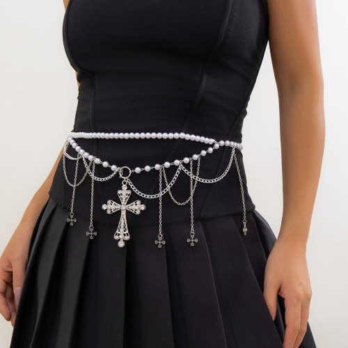 European and American Cross-border Cross Tassel Waist Chain for Women, Decorative Body Chain, Imitation Pearl Vintage Beaded Waist Chain