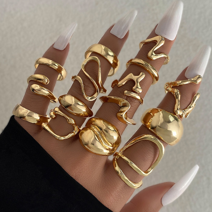 European and American Cross-Border Eco-Friendly Personality Exaggerated Gold Lava Line Irregular Water Drop Smooth Ring Set 15 Pieces