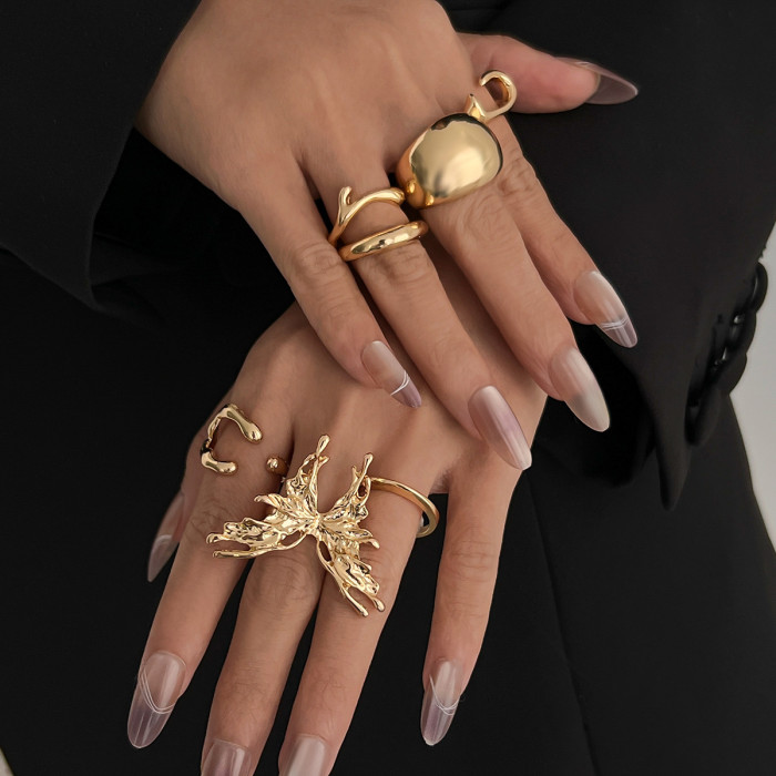 European and American Cross-Border Jewelry Minimalist Butterfly Smooth Ring Hot-Selling Liquid Irregular Alloy Ring Set