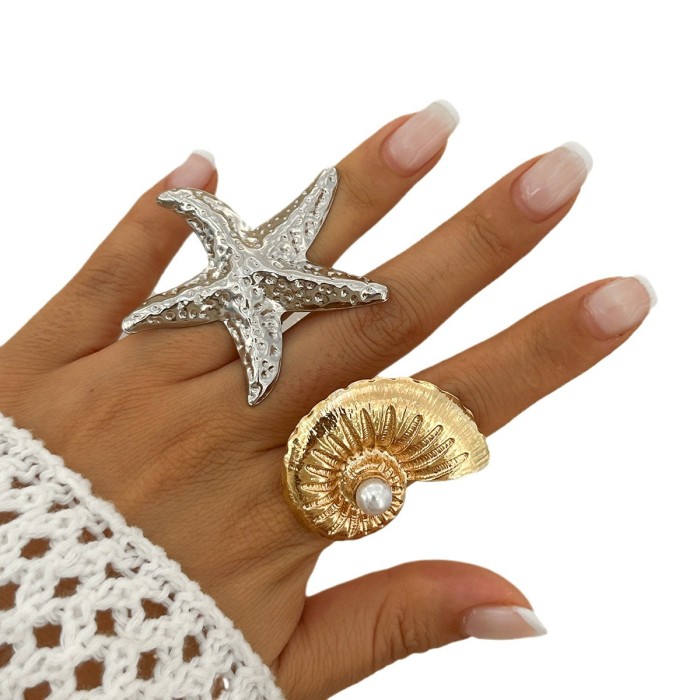 European and American Cross-Border Jewelry Vacation Style Starfish Alloy Ring Beach Imitation Pearl Adjustable Ring