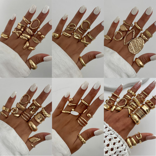 European and American Cross-Border Jewelry INS Style Metal Glossy Water Drop Ring Set Fashion Geometric Round Hollow Ring