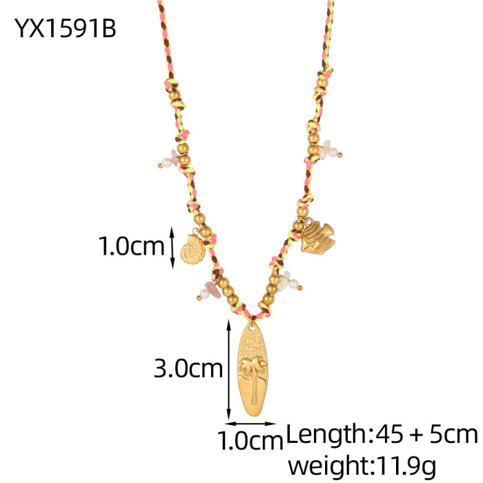 Cross-Border Stainless Steel Shell Starfish Braided Necklace Summer Dopamine Beach Vacation Style Colorful Rope Collarbone Chain Choker