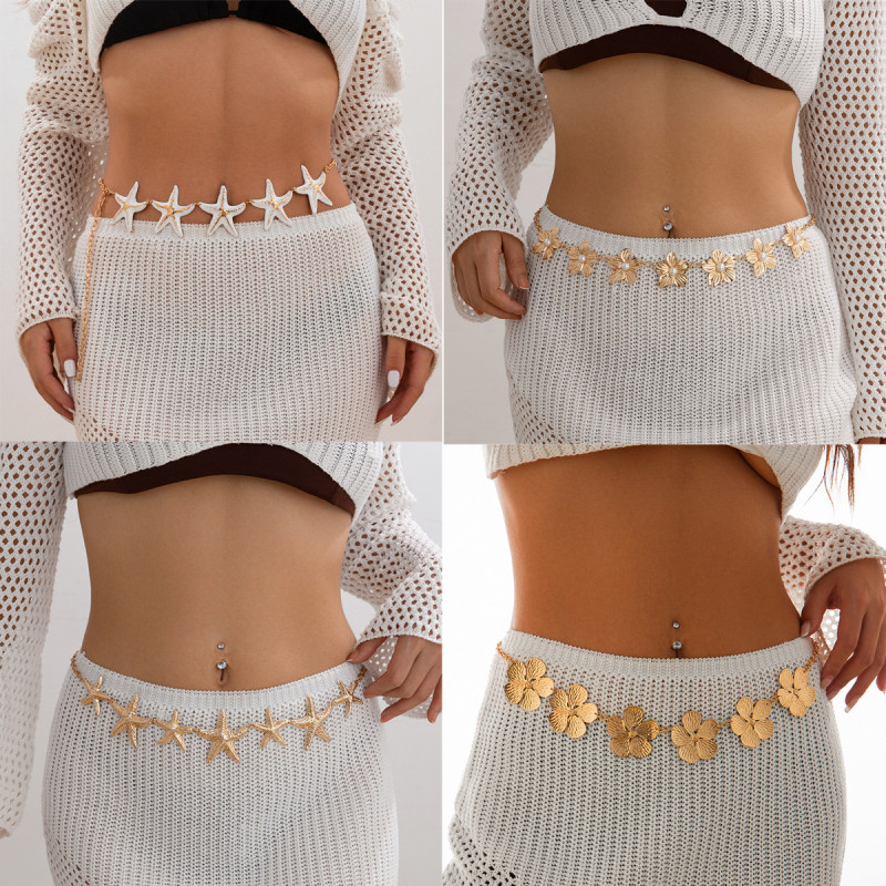 European and American Cross-Border Jewelry Ocean Vacation Style Starfish Waist Chain Body Sexy Beach Imitation Pearl Flower Body Chain