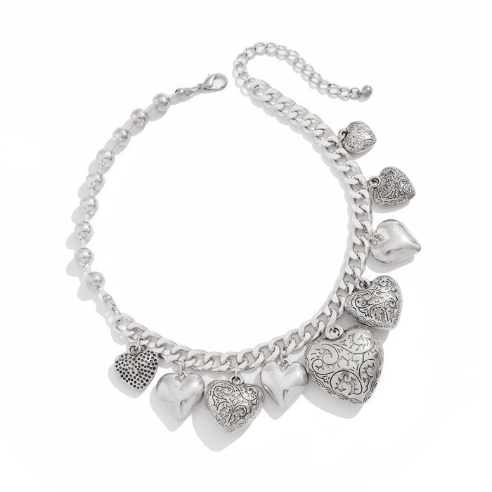 Jewelry Punk Print Heart Pendant Collarbone Chain Personality Metallic Necklace Set