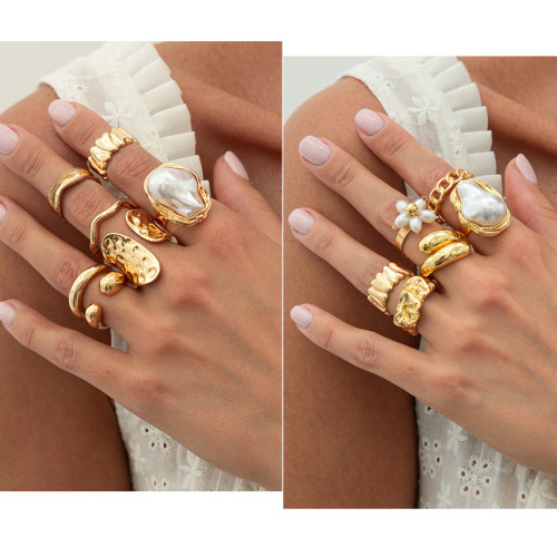 European and American Cross-Border Baroque Irregular Wave Metal Ring Set Hollow Pleated Pearl Flower Rings for Women