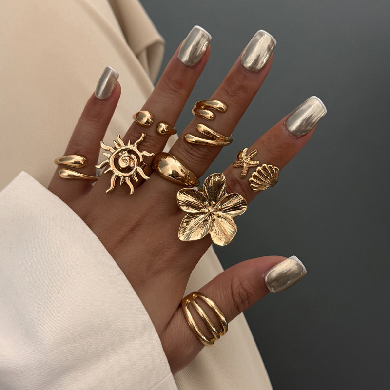 European and American Cross-Border Jewelry Vacation Style Starfish Scallop Open Ring Ins Alloy Flower Ring Set Glossy