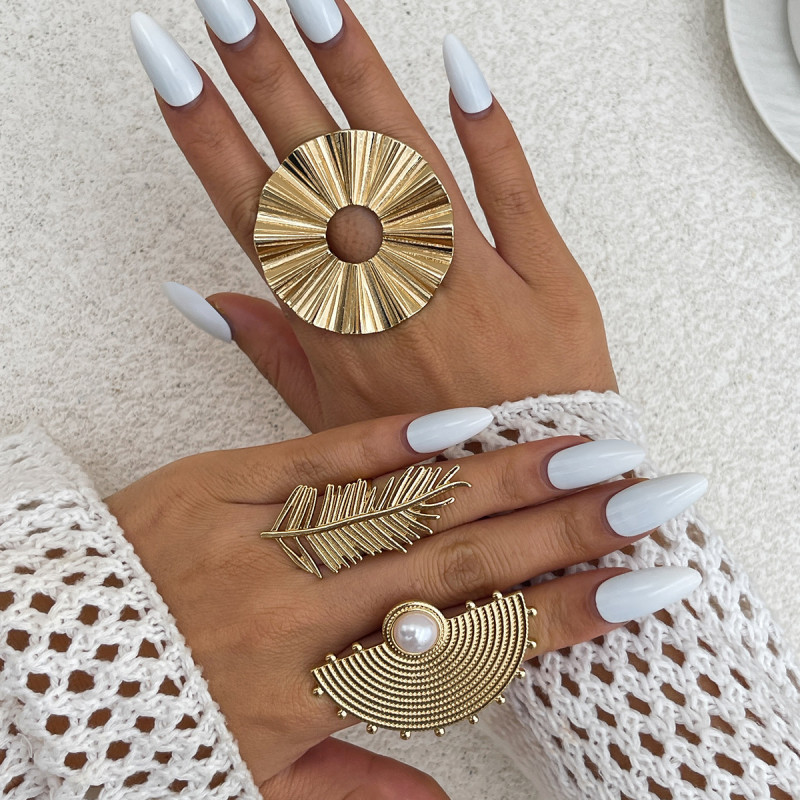 European and American Cross-Border Jewelry Exaggerated Irregular Alloy Feather Ring Ins Style Geometric Inlaid Pearl Rings