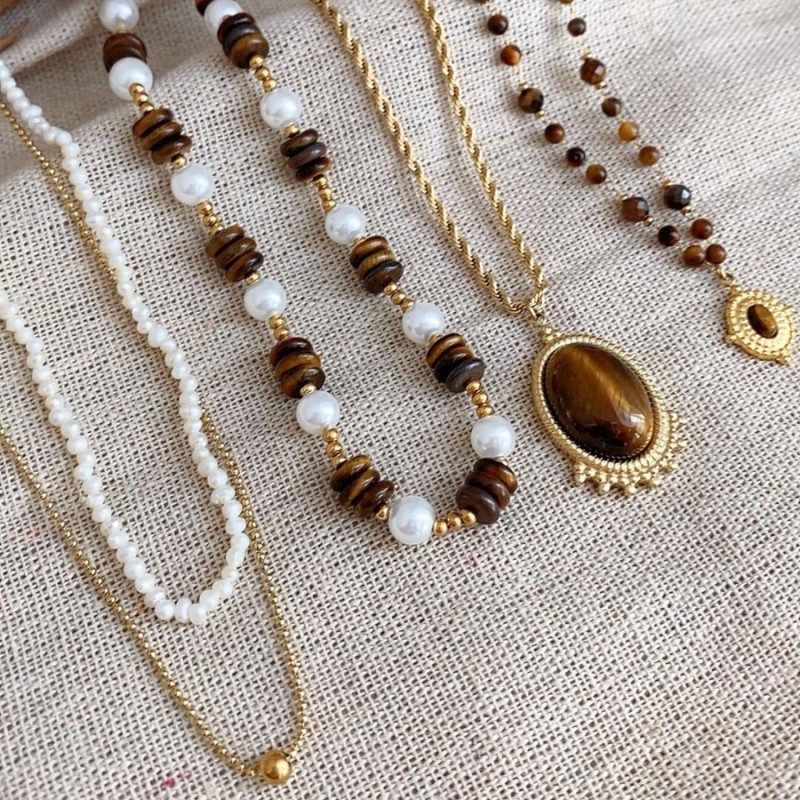 Vintage Tiger Eye Necklace Collarbone Chain Simple Personality Round Bead Natural Stone Stainless Steel Necklace Jewelry Wholesale