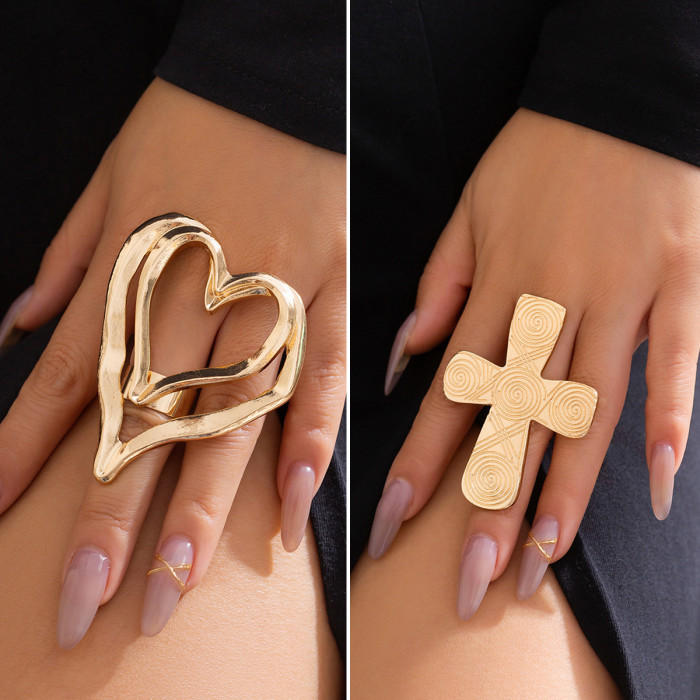 Jewelry Exaggerated Sweet Cool Style Metal Big Heart Ring Fashion Pattern Cross Personality Ring