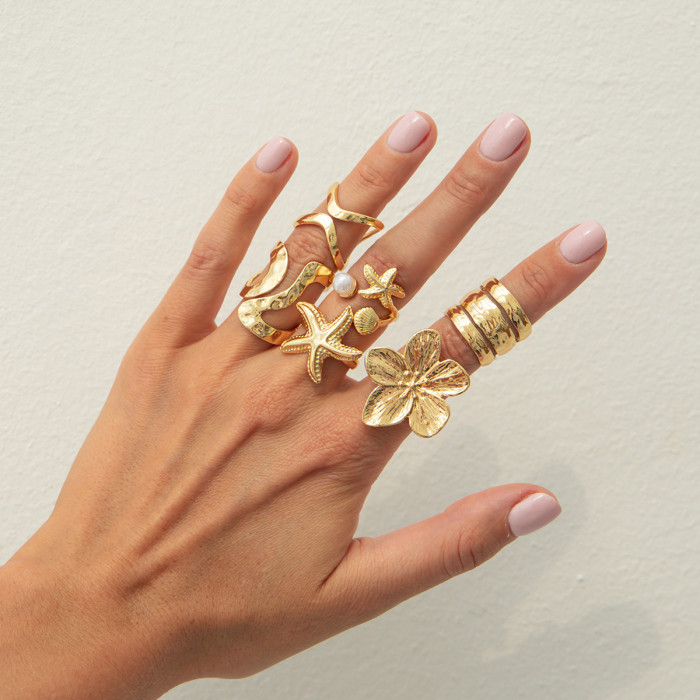 European and American Cross-Border Jewelry Vacation Style Irregular Open Ring Starfish Pearl Alloy Ring Set