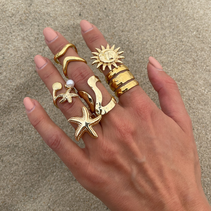European and American Cross-Border Jewelry Vacation Style Irregular Open Ring Starfish Pearl Alloy Ring Set
