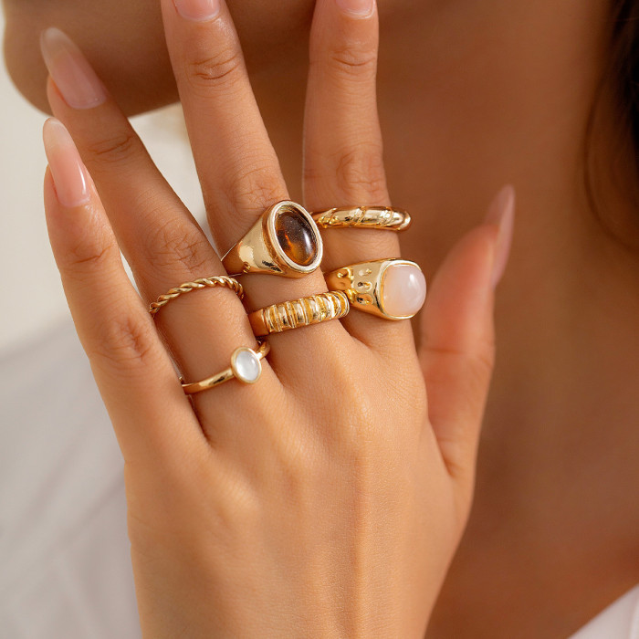 European and American Cross-Border Jewelry Minimalist Style Inlaid Gemstone Irregular Ring Personality Metallic Joint Ring Set