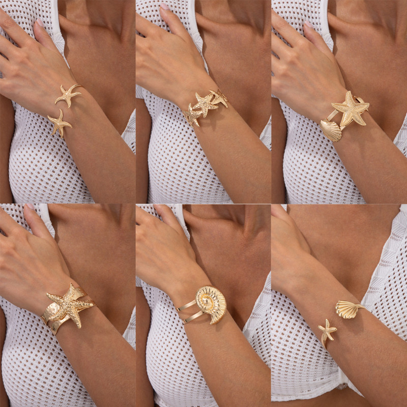 European and American Cross-Border Beach Vacation Style Starfish Conch Bracelet for Women Exaggerated Metallic Texture Rough Shell Open Bangle