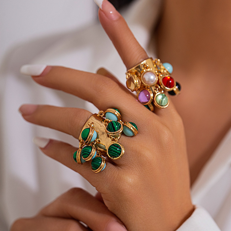 European and American Cross-Border Jewelry Retro Palace Inlaid Geometric Ring Niche Malachite Round Alloy Open Ring