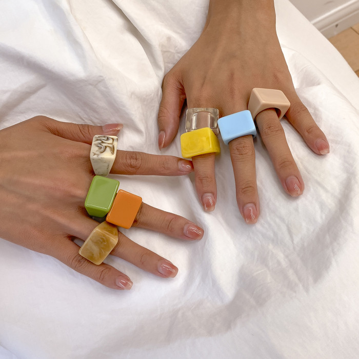 European and American Cross-Border Jewelry Creative Geometric Colorful Square Wide Edge Ring Simple Fashion Colorful Resin Plain Circle Ring