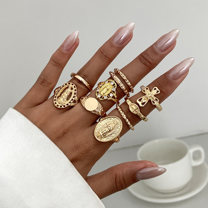 European and American Cross-Border Jewelry Punk Hip-Hop Style Inlaid Diamond Cross Ring INS Design Sense Hollow Virgin Mary Knuckle Ring