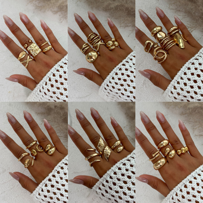 European and American Cross-Border Jewelry Niche Metallic Glossy Ring Set Exaggerated Irregular Geometric Open Ring