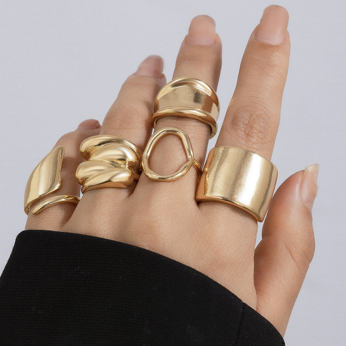 European and American Geometric Metal Style Lava Line Ring Set Irregular Smooth Open Texture Vintage Rings