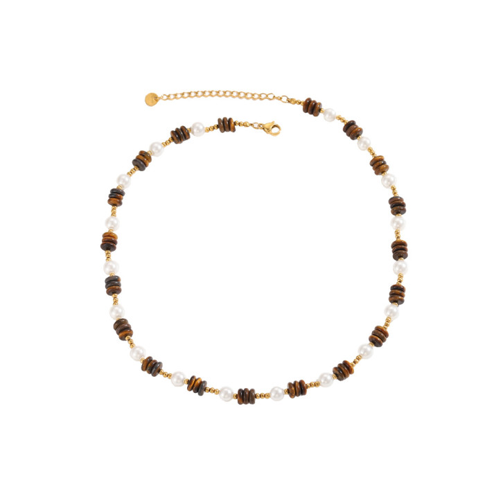Vintage Tiger Eye Necklace Collarbone Chain Simple Personality Round Bead Natural Stone Stainless Steel Necklace Jewe...