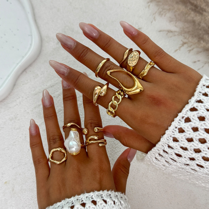 European and American Cross-Border High-End Photosensitive Surface Water Drop Hug Ring Set Baroque Imitation Pearl Open Joint Ring
