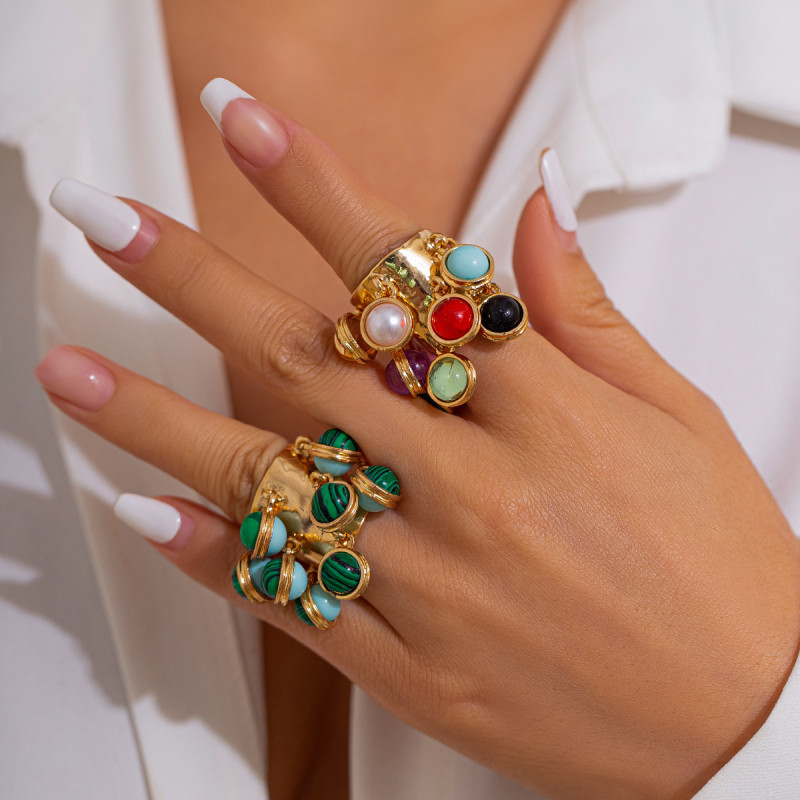 European and American Cross-Border Jewelry Retro Palace Inlaid Geometric Ring Niche Malachite Round Alloy Open Ring