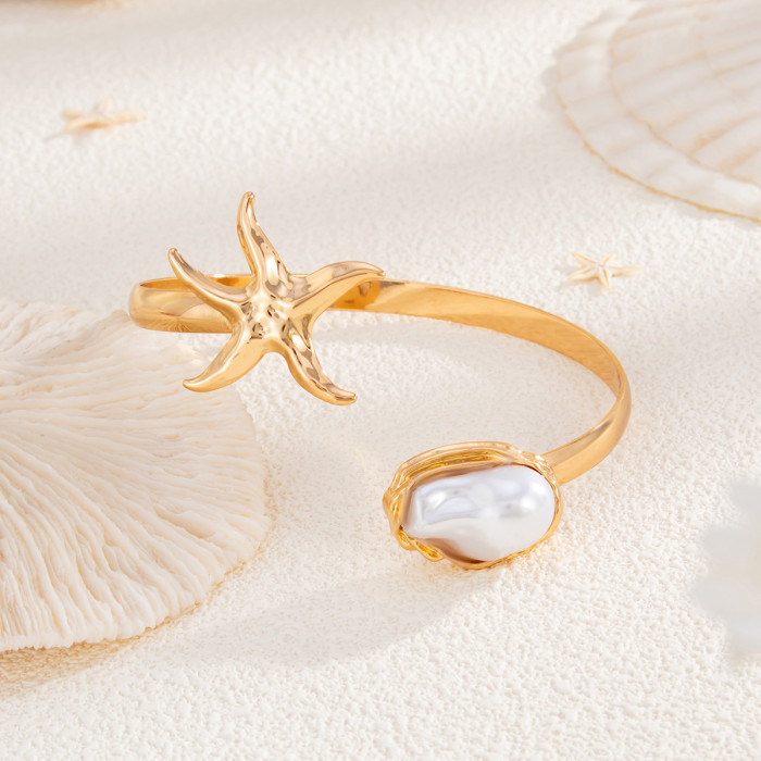 European and American Cross-Border Jewelry Beach Metallic Starfish Open Arm Bracelet Personality Flower Adjustable Arm Ring Set
